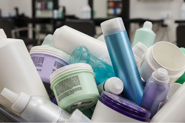 Assorted hair care products in a bin with a salon setting in the background